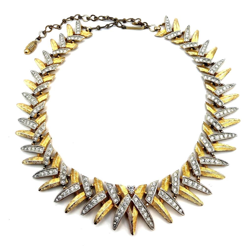 Vintage Mid Century Two Tone Crystal Leaf Collar Choker Statement Necklace 16"